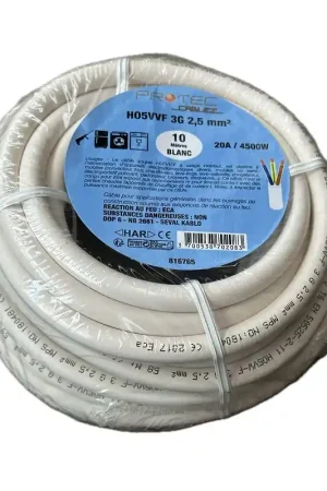 Prix Réduit Cable d‘alimentation souple 3G2.5mm² H05VVF (bobine de 10m) blanc pour alimentation circuit electrique